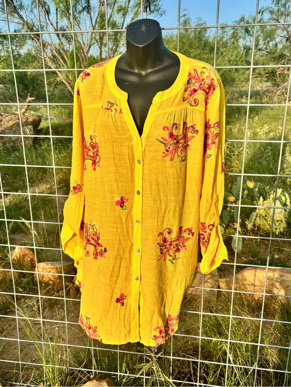 Women's Yellow Embroidered Button-Down Tunic Shirt  Fig and Flowers Brand